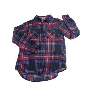 Decree Womens Sz M Long Roll Tab Sleeve Button Down Sheer Top Plaid Purple